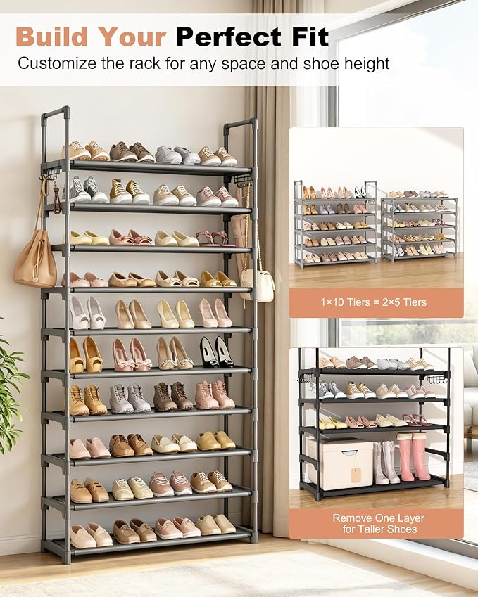 LANTEFUL Upgraded Shoe Rack for Closet Large Capacity 10 Tier Shoe Storage Holds 40–50 Pairs Sturdy Shoe Organizer with 10 Hooks for Entryway, Bedroom, Garage, Grey