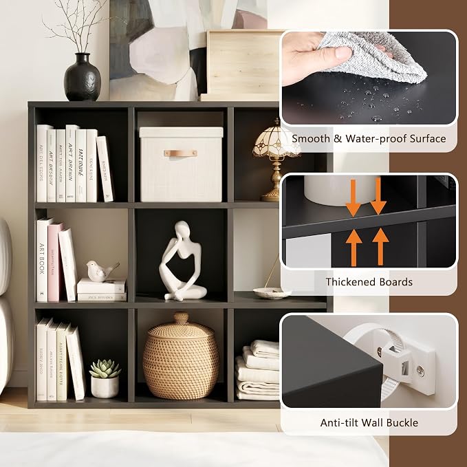 9 Cube Storage Organizer, Black Cube Bookshelf, Multifunctional Bookcase | Open Cube Bookshelf with Removable Back Panels, Vertical or Horizontal Easy Assembly for Home Office Bedroom Living Room