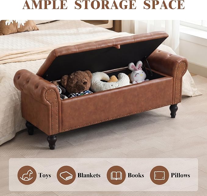 51" Storage Bench for Bedroom, Upholstered Ottoman Bench, Leather Brown | End of Bed Bench for Bedroom, Window Benches for Living Room, Entryway, Ottoman with Large Storage Space, Pet Friendly