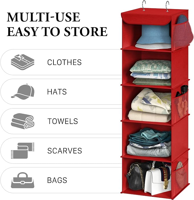 Simple Houseware 5 Shelf Hanging Closet Organizer, Red | 360° Rotating Dual Hooks, Top Support Metal Frame, 6 Side Mesh Pockets