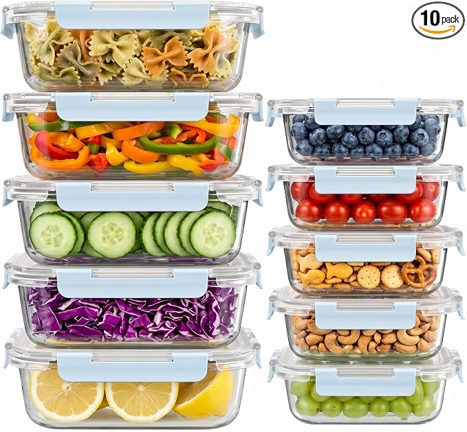Dealusy 10 Sets (20-Piece) 36 oz & 12 oz Glass Food Storage Containers with lids, Airtight Leak-proof Glass Meal Prep Containers with Lids, Microwave Oven Freezer Dishwasher Safe, Blue