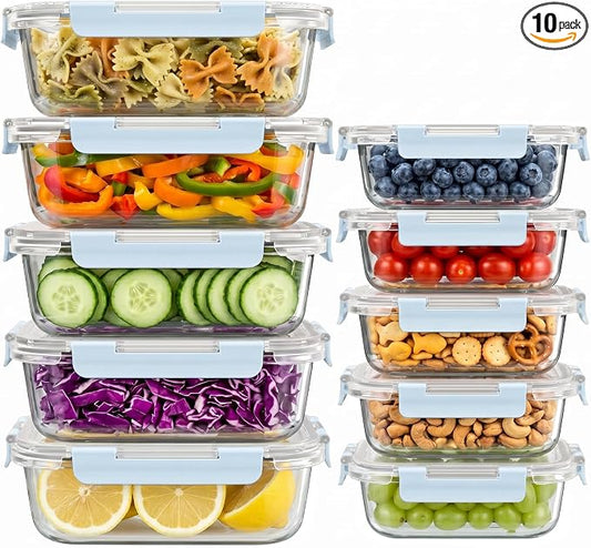 Dealusy 10 Sets (20-Piece) 36 oz & 12 oz Glass Food Storage Containers with lids, Airtight Leak-proof Glass Meal Prep Containers with Lids, Microwave Oven Freezer Dishwasher Safe, Blue
