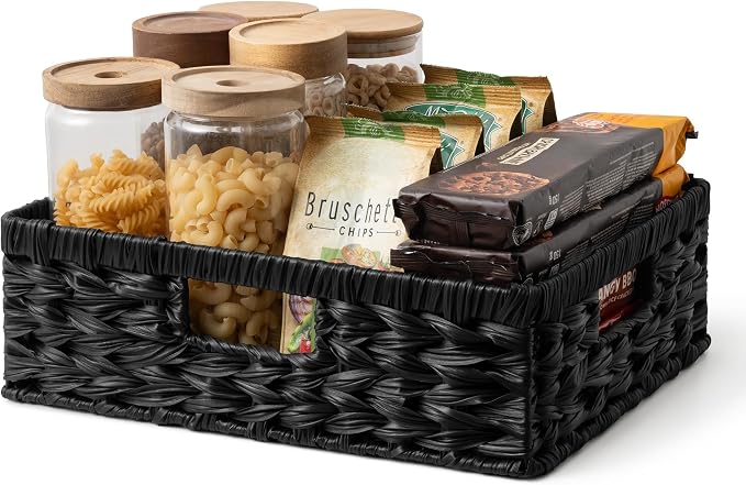 GRANNY SAYS Wicker Storage Basket for Shelves, Wicker Basket for Organizing, Shallow Basket, Woven Basket for Pantry Storage, Black, 1-Pack