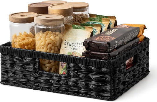 GRANNY SAYS Wicker Storage Basket for Shelves, Wicker Basket for Organizing, Shallow Basket, Woven Basket for Pantry Storage, Black, 1-Pack