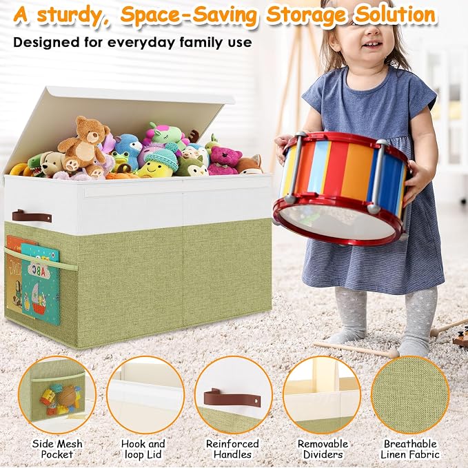 Large Toy Storage Box with Lid, Toy Chest with Divider, Foldable Organizer | PP Board Reinforced Toy Storage Box for Kids, Boys, Girls, Playroom, Nursery and Bedroom for Toys, Stuffed Animals & Blankets