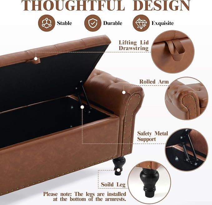 51" Storage Bench for Bedroom, Upholstered Ottoman Bench, Leather Brown | End of Bed Bench for Bedroom, Window Benches for Living Room, Entryway, Ottoman with Large Storage Space, Pet Friendly