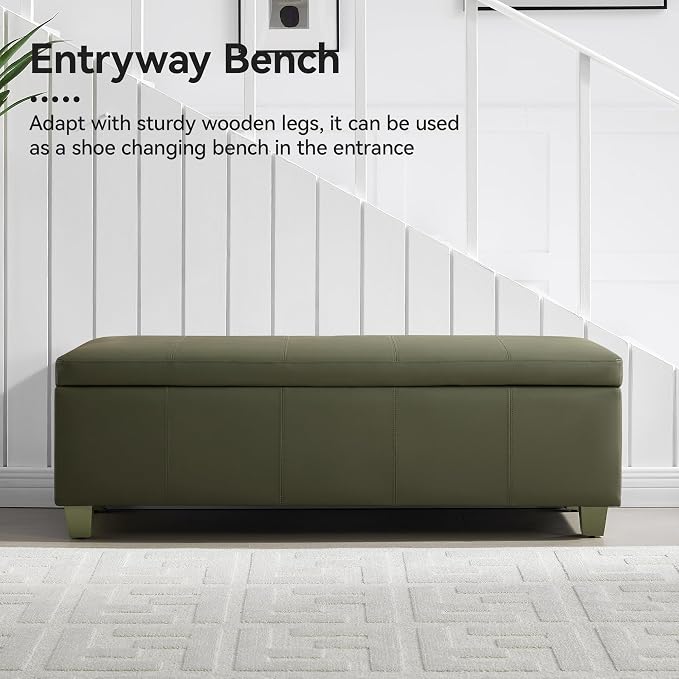 WUTUTUEE 51" Faux Leather Storage Ottoman, Stitch Tufted Rectangle Upholstered End of Bed Storage Bench, Entryway Large Couch Ottoman with Wooden Legs,Green