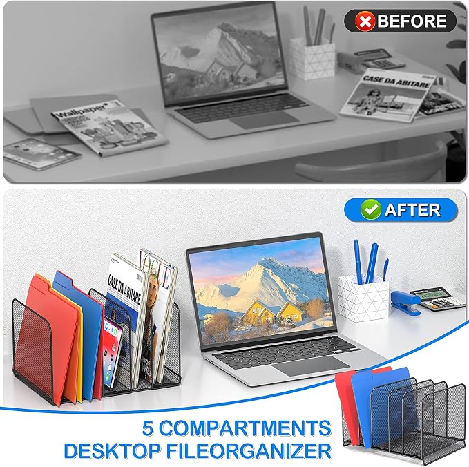 TOPCJ 5 Sections Desk File Holder/Rack/Sorter,Mesh File Organizer,File Folder Organizer,Metal Upright Desktop Organization for Documents,Magazine,Kitchenware,Antiskid,Antirust,Sturdy,2 Packs