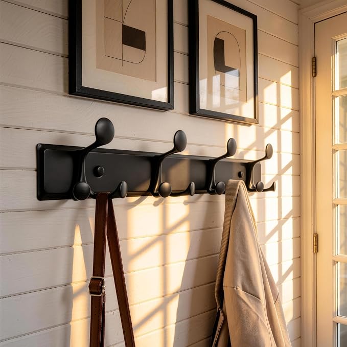 SKOLOO 12 Hooks Wall Mounted Coat Rack, 24 Inch Modern Coat Hanger for Entryway, Bathroom, Garage, Lightweight with 16 Inch Stud Spacing Design, Matte Black