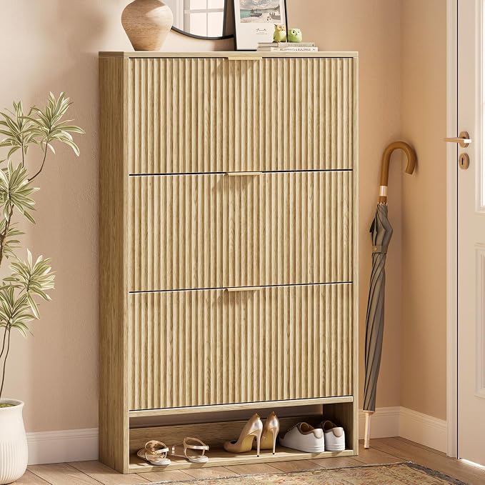 Evermagin 31.5''W Oak Shoe Cabinet Storage for Entryway, Fluted Slim Shoe Dresser with 3 Flip Drawers, Narrow Shoe Rack Cabinet, Hidden Shoe Organizer Cabinet for Entrance, Hallway