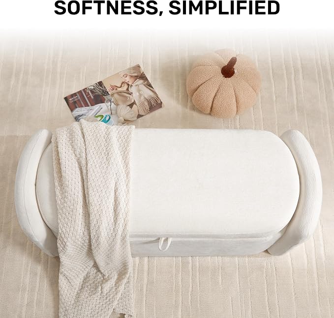 Oval Ottoman Bench with 20 Gal Storage Space Upholstered Chenille Seating End of Bed Storage Bench Storage Ottoman with Storage for Bedroom, Living Room, Entryway, Window (Beige)