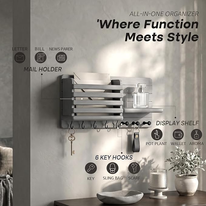 Rebee Vision Key Holder Wall Mount with Mail Slot for Room Decor, Gray | Pine Wood, Key Holder for Wall, 8 Key Hooks, Mail Organizer, Round Corner, Home Improvement, key Hanger Apartment Aesthetic