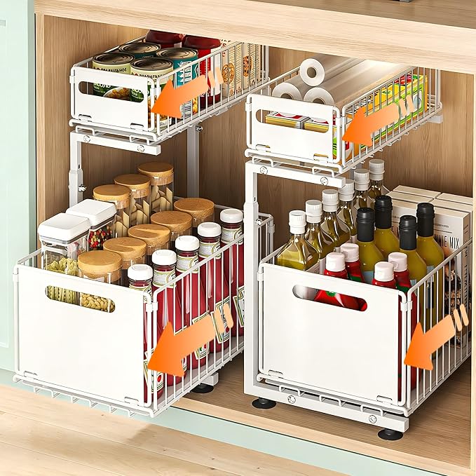 Under Sink Organizer, 2-Tier Multi-Use Kitchen and Bathroom Organizers and Storage, Slide Out Thickened Metal Under The Sink Organizer for Kitchen Bathroom Pantry (Style B White, 2 Pack)