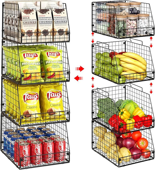 Jakyitvi 4 Pack XXL Stackable Wire Storage Basket, Extra Large Capacity Pantry Organizer and Storage, Muti-Purpose for Fruit Vegetable Basket & Toy Bin & Snack Organizer