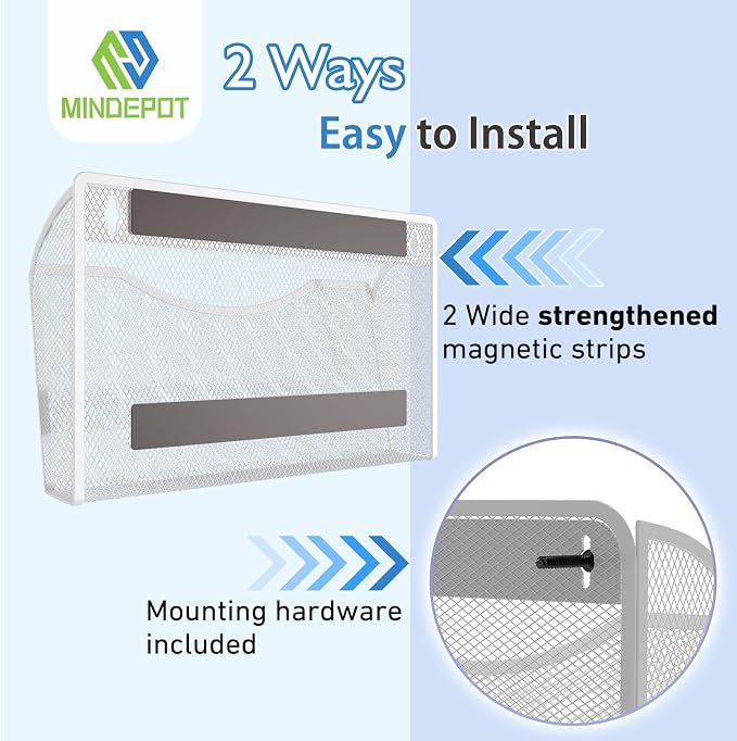 MINDEPOT Magnetic Wall File Organizer, Hanging File Holder, 3 Pack, White | Heavy Duty Iron, Powerful Magnet, Metal Mesh Wall Mount, Single Pocket, for Office School Classroom Home, Letter A4 Size