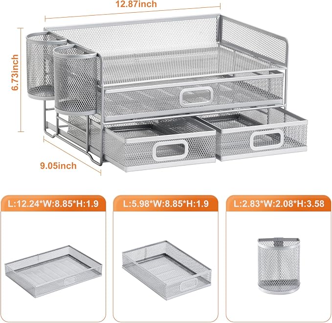 Marbrasse 3 Tier Desk Organizer with Drawer and 2 Pen Holder, Silver | Paper Tray Organizer, File Holder for Desk, Metal Mesh Office Organization for Home Office Supplies