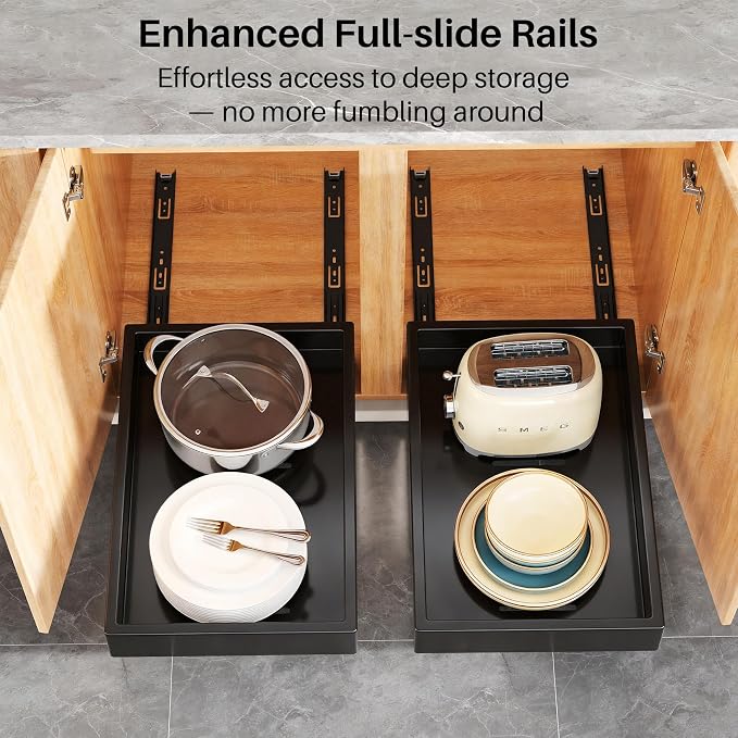 2Pack Pull out Cabinet Organizer, 21"Deep, 20"Wide Full-extension Heavy Duty Slide out Drawers Fixed with Adhesive Nano, Roll Out Shelves Sliding Cabinet for Kitchen,Bathroom,Pantry,Under Sink(Black)