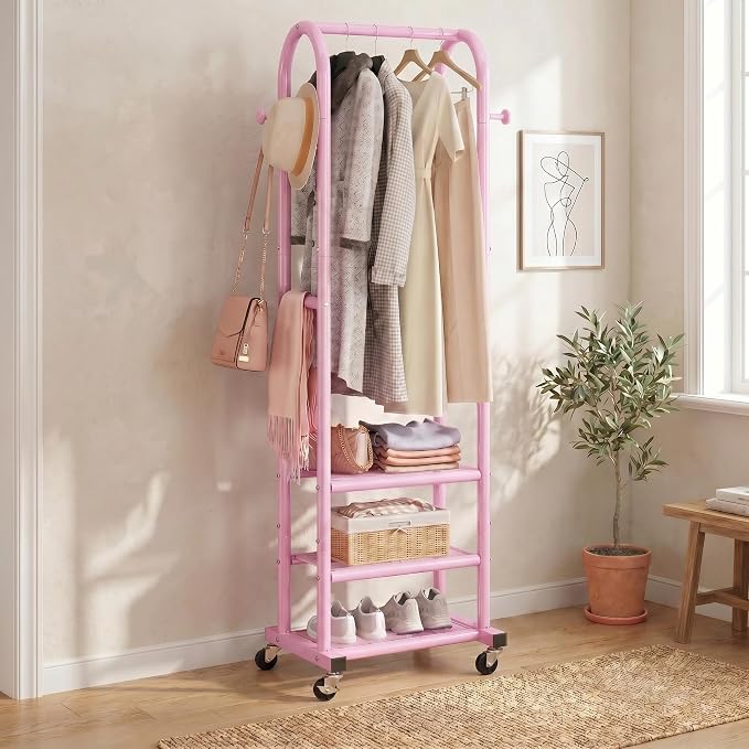 Dttwacoyh Clothing Rack with Wheels,Narrow Metal Garment Rack,Pink | Easy to install, 71.8 Inches Display Rack with 4 Side Hooks & 3 Shelves,for Small Flats, Bedroom, Entryway,Pink Clothes Rack