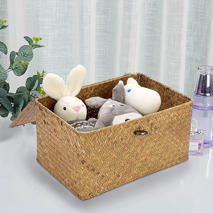 Hipiwe Wicker Shelf Baskets Bin Handwoven Seagrass Storage Basket with Lid | Rectangular Household Basket Boxes for Shelf Wardrobe Home Organizer, Caramel Medium