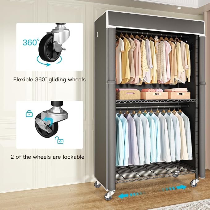 Black Clothing Rack with Dark Gray Cover, P1C Rolling Closets with Wheels, Metal Garment Rack for Hanging Clothes, Clothing Storage Wardrobe, 36.2" W x 16.5" D x 80.5" H, Load 450 Pounds