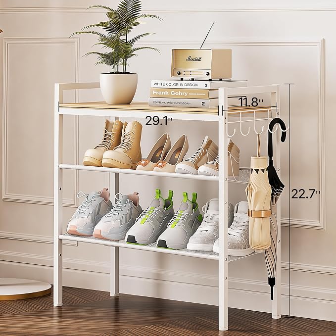 3 Tier Shoe Rack, Shoe Rack for Entryway with Hook, Shoe Organizer with Adjustable Mesh Shelves, Metal Shoe Storage, Closet, Bedroom Living Room Garage