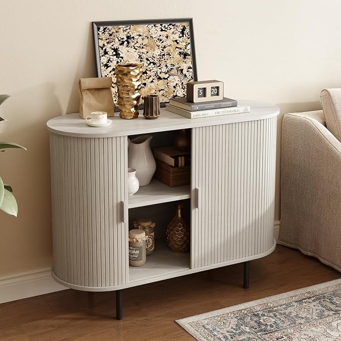 40" Sideboard Buffet Cabinet with Storage, Storage Cabinet with Sliding Door & Adjustable Shelf, Modern Accent Coffee Bar Console Table for Kitchen, Entryway, Natural White