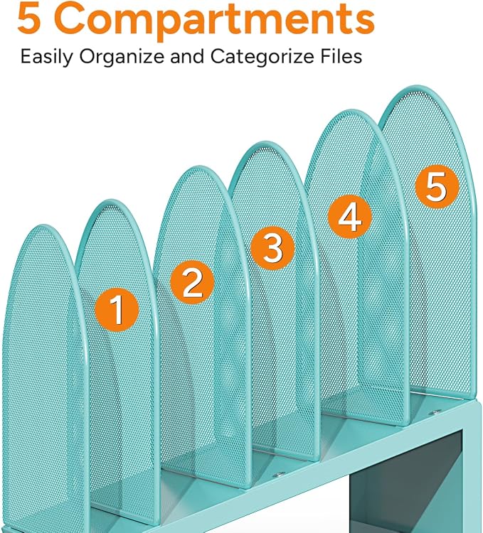 5-Section Desk File Organizer | Metal Mesh Folder Organizer for Documents, Mail & Office Papers (Blue)