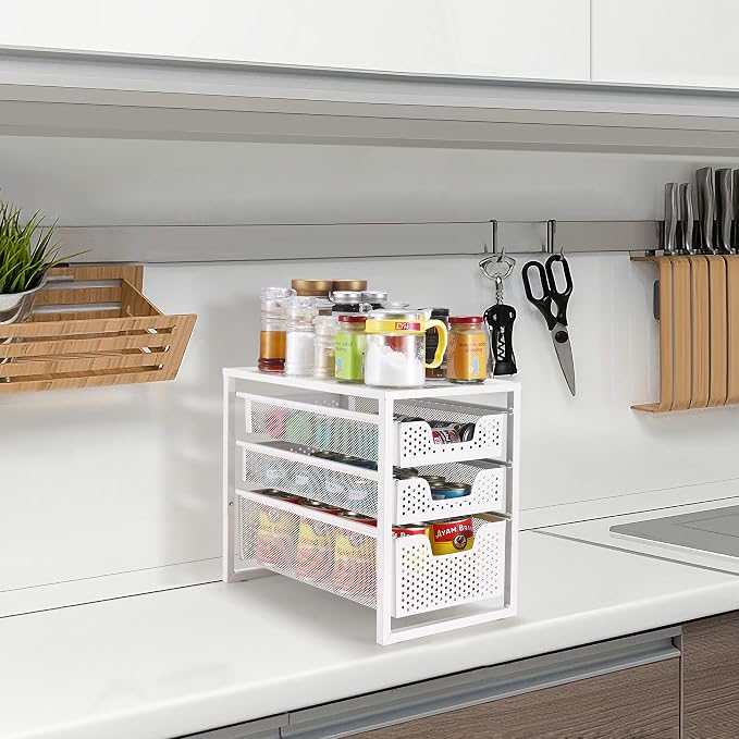Simple Trending 3-Tier Under Sink Organizer with Sliding Storage Drawer | Metal Cabinet Organizer, Multi-Purpose Desktop Organizer for Kitchen Bathroom Office, Stackbale, Space Saving, White