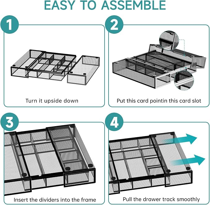 2 Pack Expandable Desk Drawer Organizer, 10 Compartments, Black | Metal mesh drawer organizer tray with 5 removable dividers, expands from 8.74 to 16 in for office supplies, makeup or tools