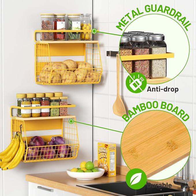 Magnetic Shelf for Fridge with Wood Lid, Fruit Potato and Onion Storage Bins, Pantry Organizers & Storage, Large Container Magnetic Spice Rack for Refrigerator, Kitchen Counter, Cabinet (Yellow, 1)