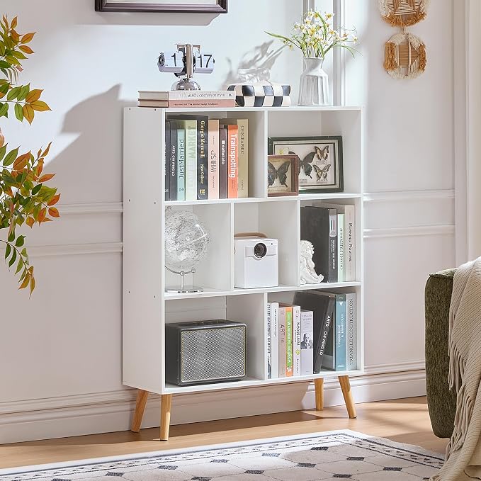 LEYAOYAO Cube Bookshelf, Mid-Century Modern Book Shelf with Legs, White | 3 Tier Bookcase, Rustic Wood Bookshelves Freestanding Small Storage Organizer, Open Shelves for Bedroom, Living Room, Office