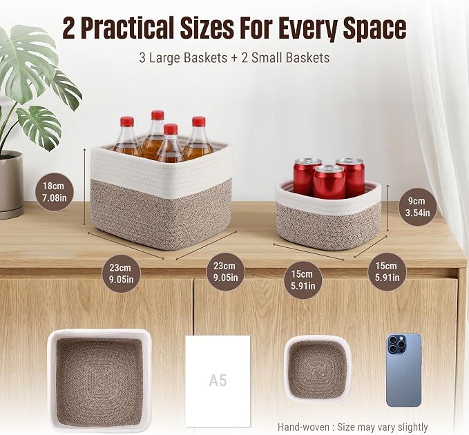 5-Pack Storage Cubes Woven Rope Baskets, 2 Sizes Organizer Bins | Ideal for Closet, Shelf, Bookshelf, Nursery, Changing Table, Cube Storage Bins, Storage Baskets for Bathroom Toy & Home