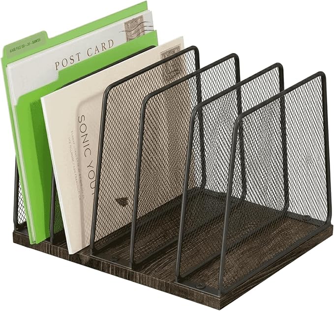 5-Section Vertical File Organizer for Desk, Sturdy Wood Base & Metal Mesh Desktop File Holder, Upright Paper Folder Sorter for Office Supplies（Rustic Brown）
