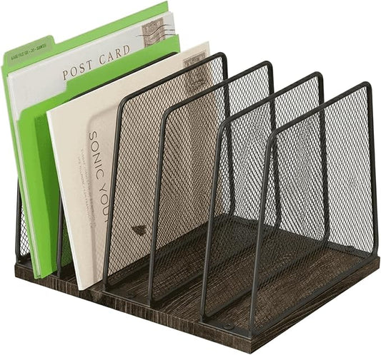 5-Section Vertical File Organizer for Desk, Sturdy Wood Base & Metal Mesh Desktop File Holder, Upright Paper Folder Sorter for Office Supplies（Rustic Brown）