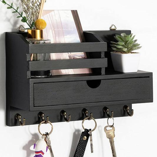 dreampossible Key and Mail Holder for Wall, Mail Organizer Wall Mount with 6 Hooks and Storage Drawer, Wooden Key Rack Hanger with Shelf for Entryway and Home Decor