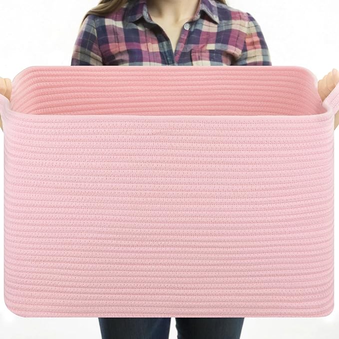OIASKET Large Blanket Basket, Blanket Storage Living Room, Rectangle Woven Baskets for Storage Toys, Towels, Dirty Clothes Organizer Bins (Pink)