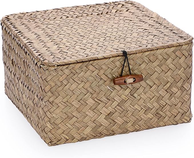 Hipiwe Small Wicker Shelf Baskets Handwoven Seagrass Storage Bin with Lid | Multipurpose Household Basket Boxes Square Basket Container for Shelves and Home Organizer, Coffee