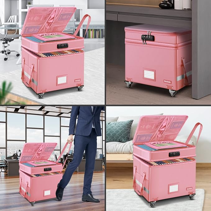 DocSafe File Box with Lock,2-Layer Fireproof Document Box with Wheels,Collapsible Rolling File Storage Organizer with Pockets,Large Portable Home Office Filing Cabinet Safe for Hanging Folders,Pink