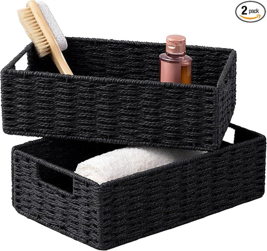 UBBCARE 2 Pack Wicker Basket, 11.5L×7.5H×3.5W inch Woven Paper Rope Storage Baskets for Shelves, Foldable Rectangular Storage Baskets with Handle, Storage Basket for Organizing, Black