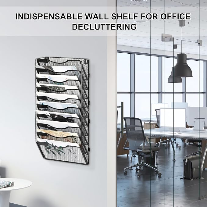 EasyPAG Wall File Organizer for Office 10 Pocket Mesh Wall Mounted Paper Organizer Hanging Folder Holder with Nametag Label for Home School, Black