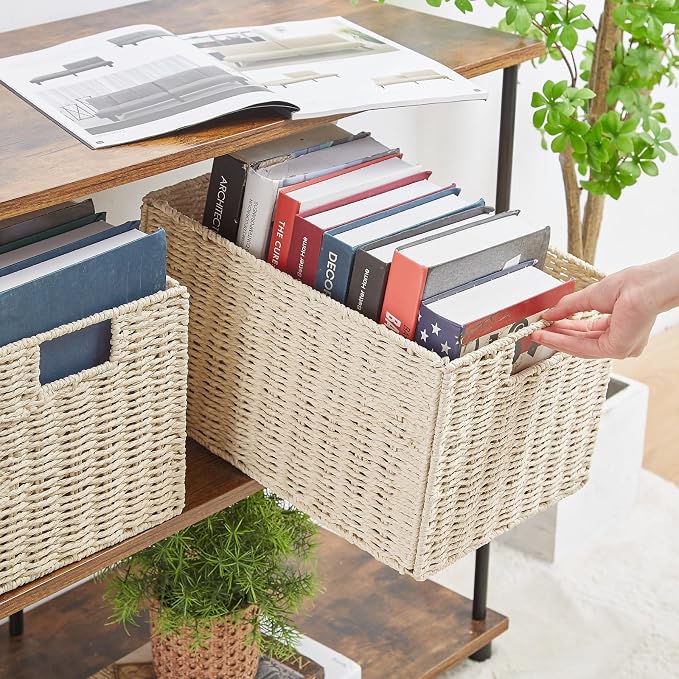 Vagusicc Wicker Storage Basket, Set of 2 Hand-Woven Paper Rope Wicker Basket, Small Storage Baskets for Organizing Toilet Paper Baskets, Foldable Large Cube Storage Organizer Bin for Shelves (Beige)