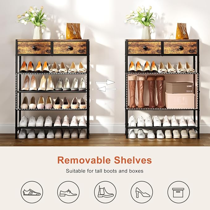 5 Tier Shoe Rack with 2 Drawers, Rustic Brown | Holds 16-20 pairs. Fabric shelves prevent dust. Drawers for small items. 20-min assembly with clear guide.