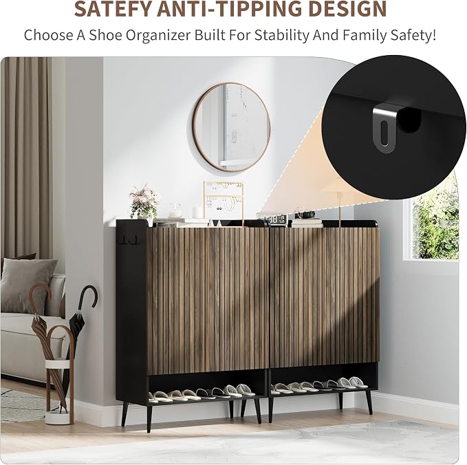 GarveeHome Shoe Cabinet, Large Shoe Cabinet with 2 Doors, Adjustable Shelves, Shoe Organizer with Doors for Hallway, Entryway, Living Room, Black+Nut-Brown