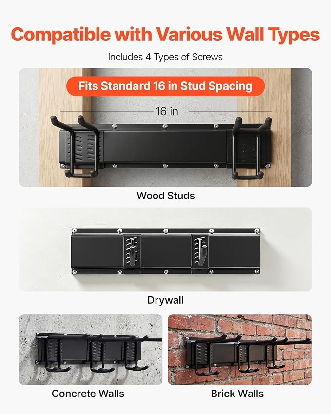 VEVOR Garage Tool Organizer 99 Inch 1200 lbs Wall Mount Garden Tool Rack, Heavy Duty Garage Hanging Storage Rack Organization with 6 Rails and 16 Adjustable Hooks, for Yard Tools, Shovel, Rake, Shed