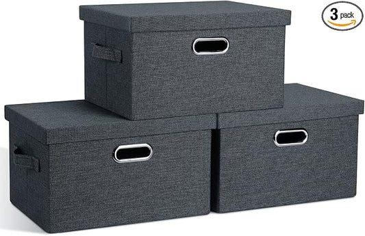 Graciadeco Medium 15" 21 Quart Collapsible Stackable Storage Bins with Lids, 3 Packs Dark Grey Foldable Fabric Closet Boxes Heavy-duty Linen Cube Baskets Container for Bedroom Office (15 x 11 x 8) | 21 Quart 3 Pack Dark Gray Collapsible Stackable Linen...