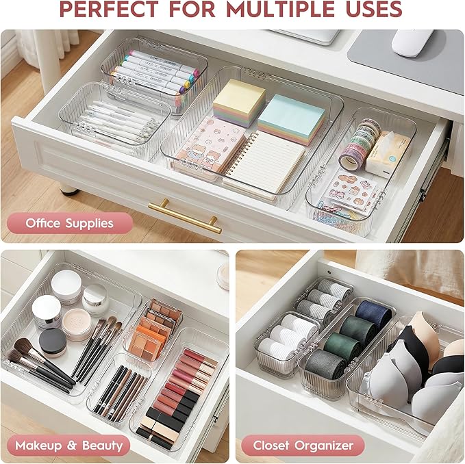 Expandable Drawer Organizer Set, Clear Adjustable Drawer Dividers, 4-Piece Storage Trays for Kitchen, Bathroom, Makeup, Office, Durable PET Material