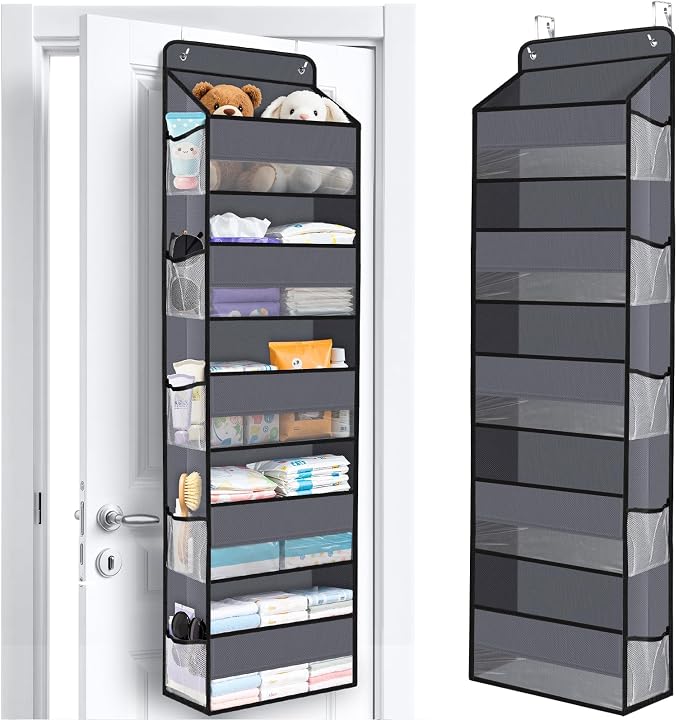 Over The Door Organizer Storage behind Door Hanging Organizer for Nursery | 5 Tier, 10 Side Pockets, Clear Window, Sturdy Construction, Space-Saving Storage for Closet, Bedroom, Bathroom & Nursery