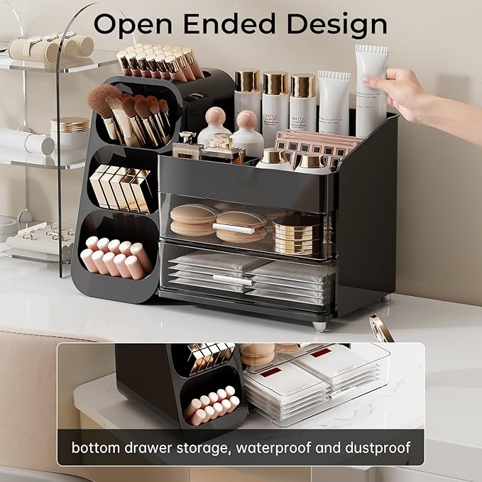 UFORU Makeup Organizer Countertop with Brush Holder for Vanity Bathroom | Large Capacity, Thickened Plastic, 2 Clear Drawers, Compact Size, Detachable Brush Holder, Divided Compartments, Easy Access