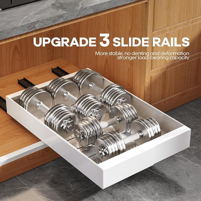 Seinloes 4 Pack Expandable Width (9"-14.1") Pull Out Cabinet Organizer 21" Deep with Raising Pad for Framed Cabinets, Upgrade 3 Slide Rails Slide Out Drawers, Roll Out Shelves Adhesive, White