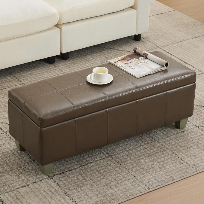 WUTUTUEE 41" Faux Leather Storage Ottoman, Stitch Tufted Rectangle Upholstered End of Bed Storage Bench, Entryway Large Couch Ottoman with Wooden Legs, Coffee